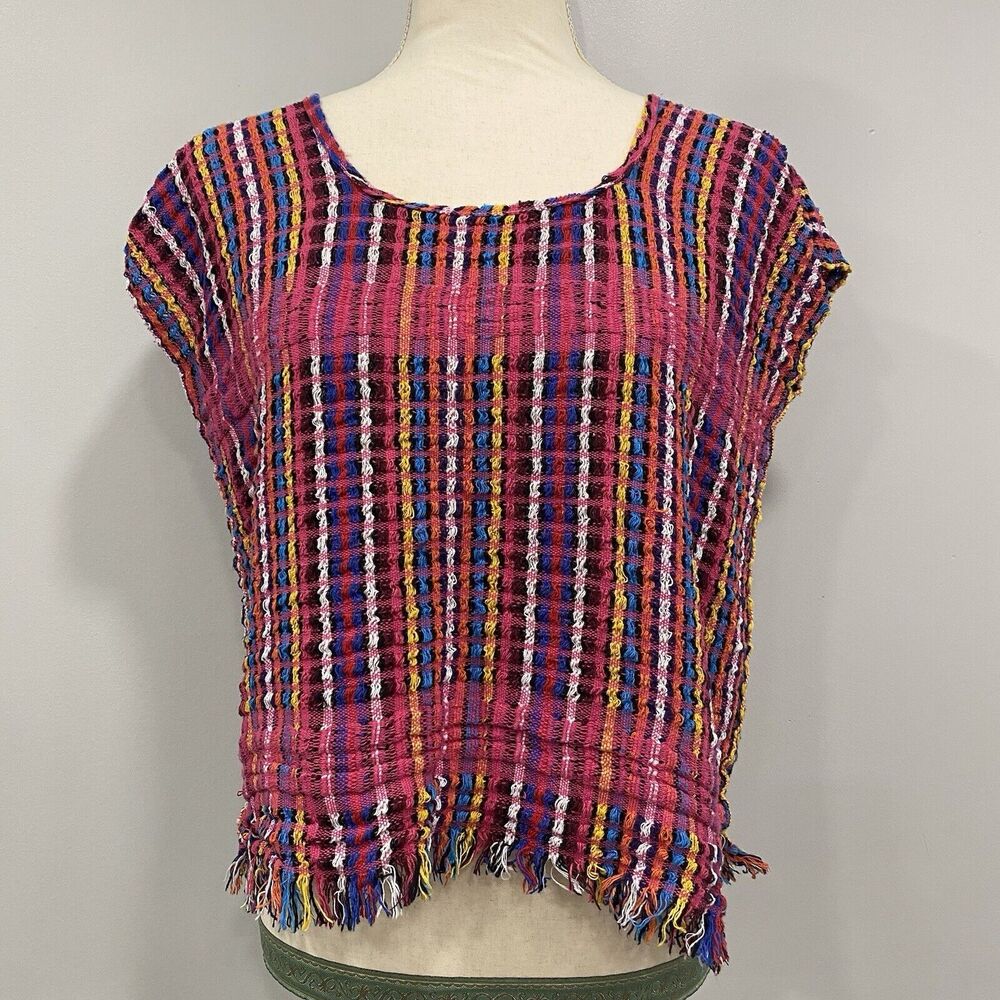 Handmade S Pink Multicolor Striped Mexican Mayan Huilpil Pullover Top 19x19in
